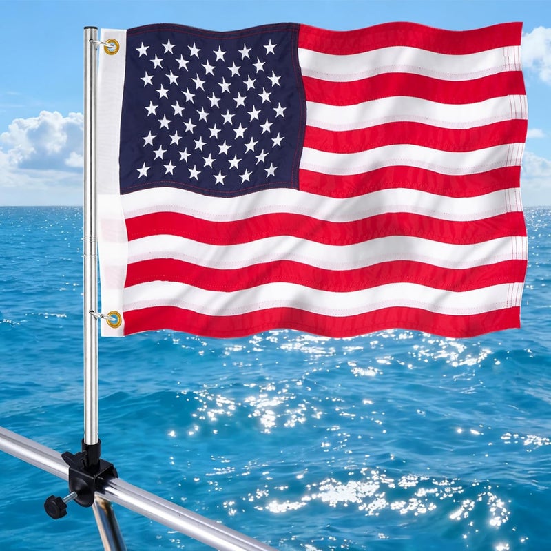 FLAGMESAGE Boat Flag Kit with Flag Holder, 16x24 Inch US Flag with Adjustable Pole Stainless Steel Clamp, 50 Embroidered Stars American Flag Boat Accessories (16x24) - Image 1
